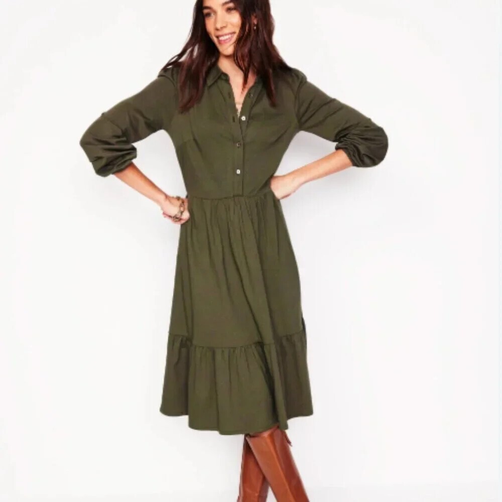 Boden Jemima Tiered Jersey Shirt Dress Size 14 Petite Green Preppy Classic Work